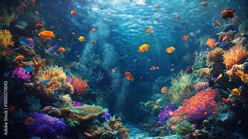 Vibrant Underwater Scene with Colorful Coral Reef and Fish