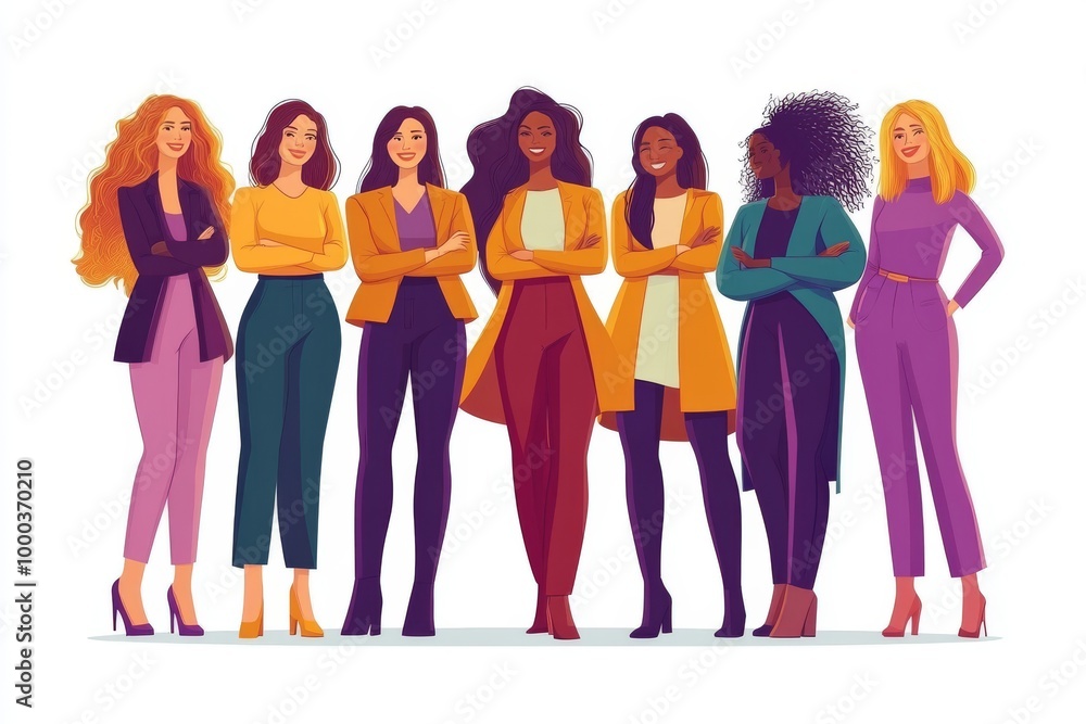 Group of six women standing in stylish colorful outfits symbolizing confidence empowerment and modern femininity in a bold fashion forward illustration Group of six women standing in stylish colorful outfits symbolizing confidence empowerment and modern femininity in a bold fashion forward illustration