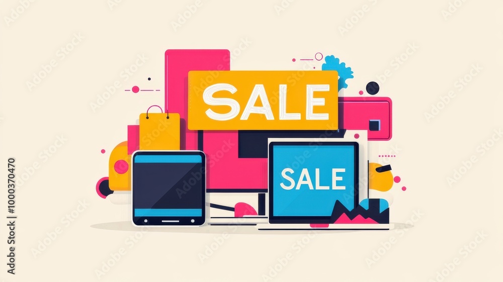 Bold SALE signs on laptop, smartphone, and TV, vibrant minimalistic flat design with dynamic tech elements. Black Friday Bold SALE signs on laptop, smartphone, and TV, vibrant minimalistic flat design with dynamic tech elements. Black Friday