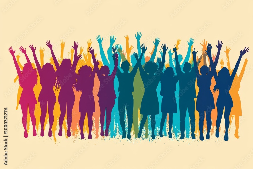 Silhouetted group of women with raised arms symbolizing empowerment unity and strength in a colorful and bold contemporary composition Silhouetted group of women with raised arms symbolizing empowerment unity and strength in a colorful and bold contemporary composition
