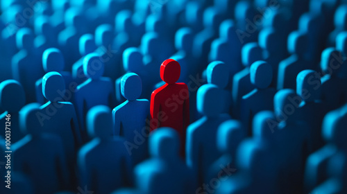 Embracing uniqueness and leadership: a red figure standing out in a sea of blue, encouraging differences