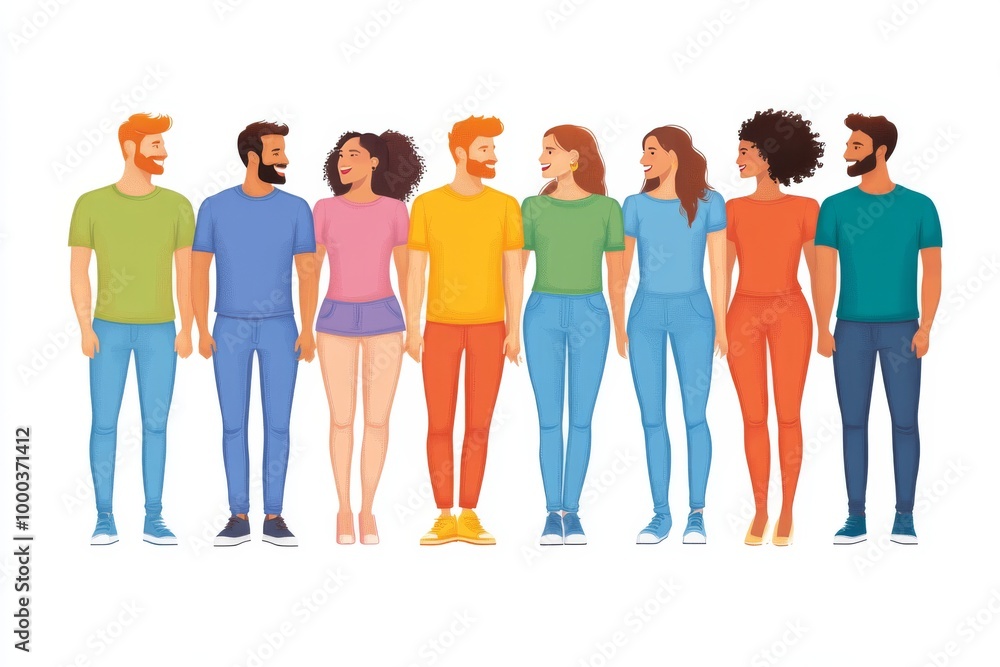 Fototapeta premium Group of six diverse people standing together representing inclusivity equality and modern representation in a flat contemporary illustration style