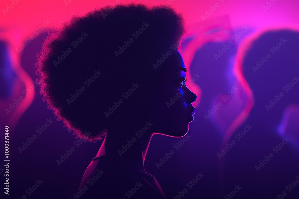 Silhouetted profile of a woman in vibrant neon lighting symbolizing individuality self expression and creativity in a contemporary artistic style Silhouetted profile of a woman in vibrant neon lighting symbolizing individuality self expression and creativity in a contemporary artistic style