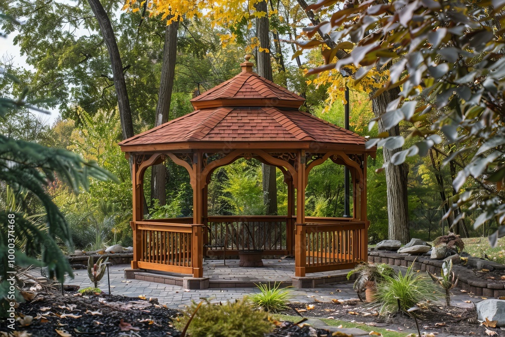 Beautiful wooden gazebo with a shingled roof is nestled in a tranquil garden setting, surrounded by colorful autumn foliage Beautiful wooden gazebo with a shingled roof is nestled in a tranquil garden setting, surrounded by colorful autumn foliage