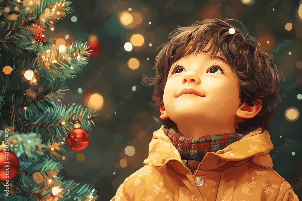 A joyful winter portrait of a child with a gift, celebrating Christmas with a decorated tree, snowflakes, and a festive atmosphere A joyful winter portrait of a child with a gift, celebrating Christmas with a decorated tree, snowflakes, and a festive atmosphere