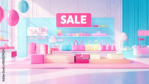 Sale items in a sleek store display, bold SALE signs above, clean and minimalistic flat design for a vibrant and modern shopping experience. Black Friday