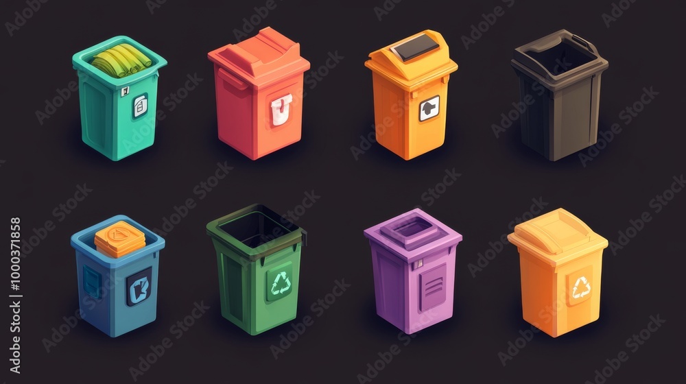 Colorful trash cans in isometric view Colorful trash cans in isometric view