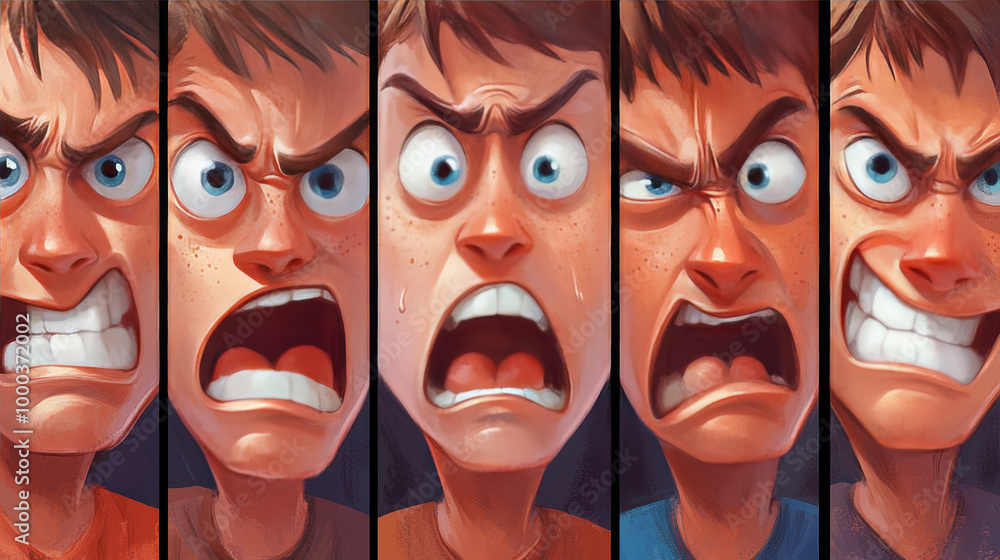 Obraz premium Illustrate a series of human faces each showing different emotions or expressions. This can represent the various aspects of human experience and the complexity of emotional responses 