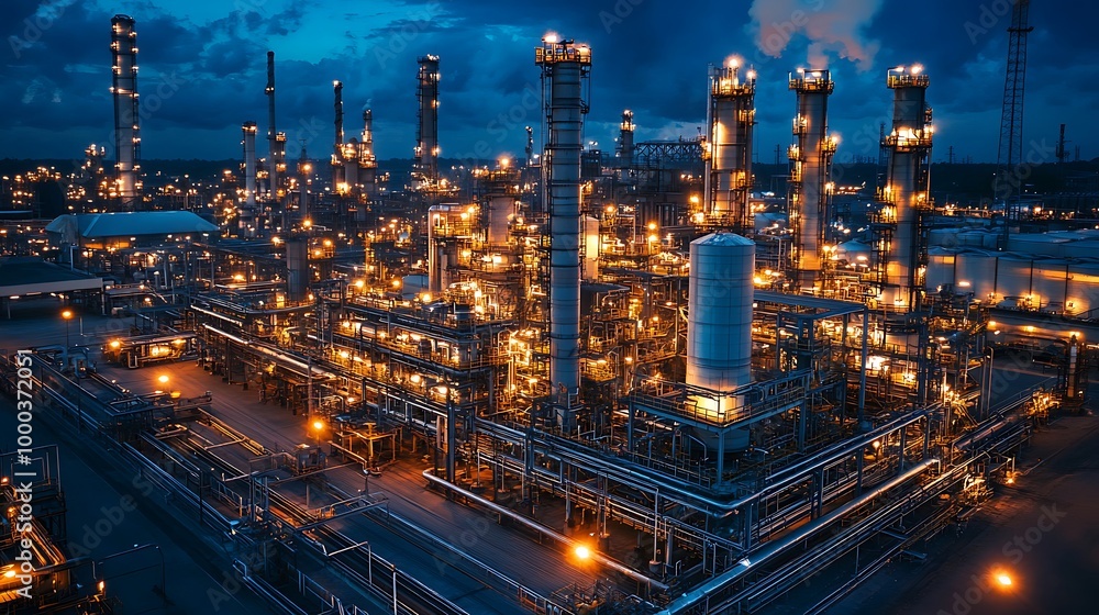 Fototapeta premium Aerial view of an illuminated chemical plant at night. Industrial production and energy industry concept.