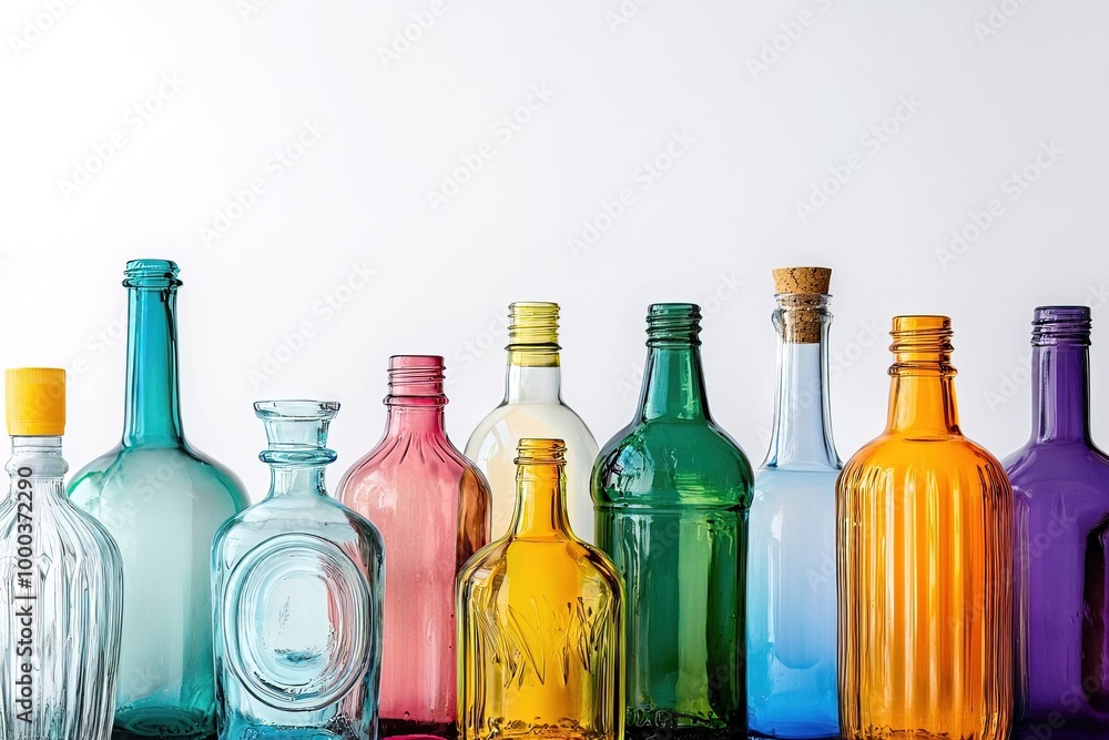 row of different empty colorful transparent glass bottles isolated on white background row of different empty colorful transparent glass bottles isolated on white background