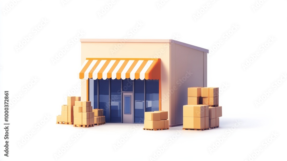 A small storefront with a striped awning and boxes stacked outside. A small storefront with a striped awning and boxes stacked outside.