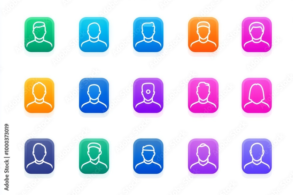 Collection of user profile icons in gradient neon colors representing social media identity and digital interaction in a vibrant modern interface Collection of user profile icons in gradient neon colors representing social media identity and digital interaction in a vibrant modern interface