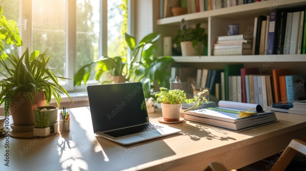 Laptop on a Desk in a Sunlit Room with Plants and Books Laptop on a Desk in a Sunlit Room with Plants and Books