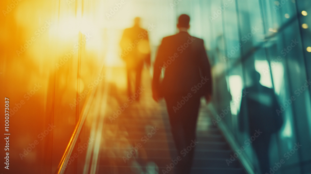 Urban sunset: business professionals ascending stairs in modern office building, representing teamwork and achievement. Contemporary cityscape with golden hour light Urban sunset: business professionals ascending stairs in modern office building, representing teamwork and achievement. Contemporary cityscape with golden hour light