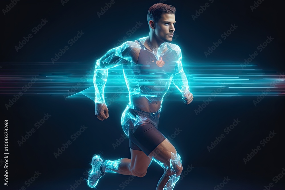 Fototapeta premium Hologram, athlete and running for wellness, exercise for healthy lifestyle and track heart rate.