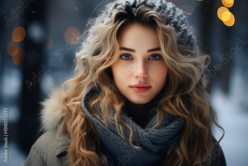 portrait of frozen young caucasian woman with long wavy blond hair in warm knitted scarf and hat in evening winter park