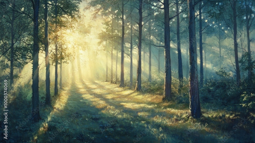 Obraz premium Sunbeams illuminating a path through a dense forest