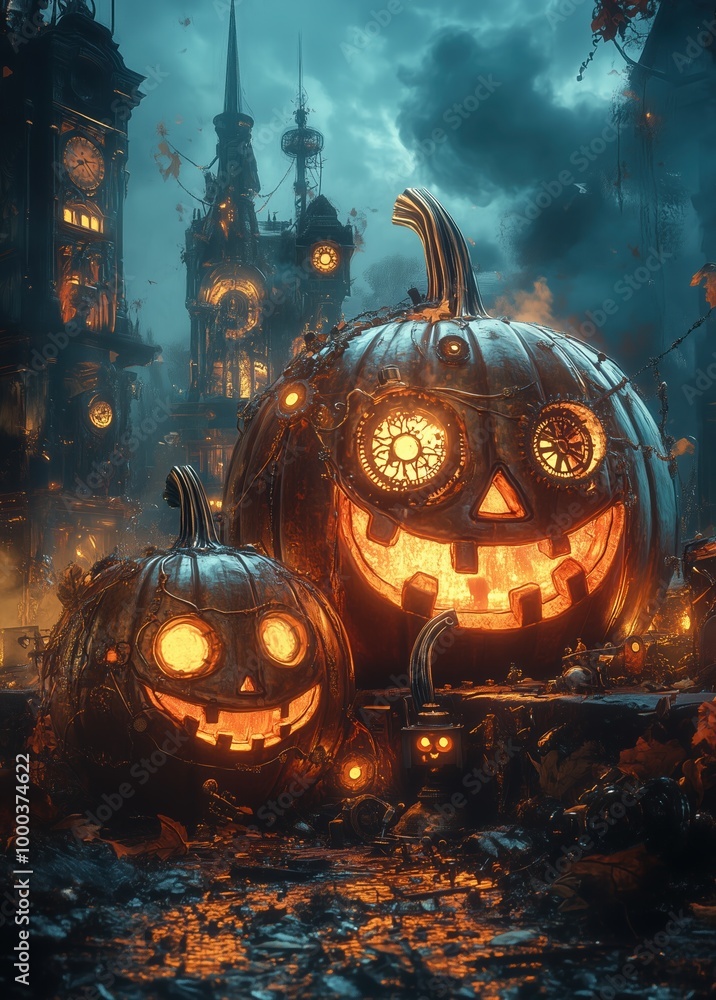 Fototapeta premium Steampunk style mechanical pumpkins with gears and clocks, surrounded by brass and copper elements, halloween theme, free space for text