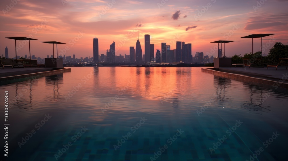 City Skyline Reflected in a Pool at Sunset City Skyline Reflected in a Pool at Sunset