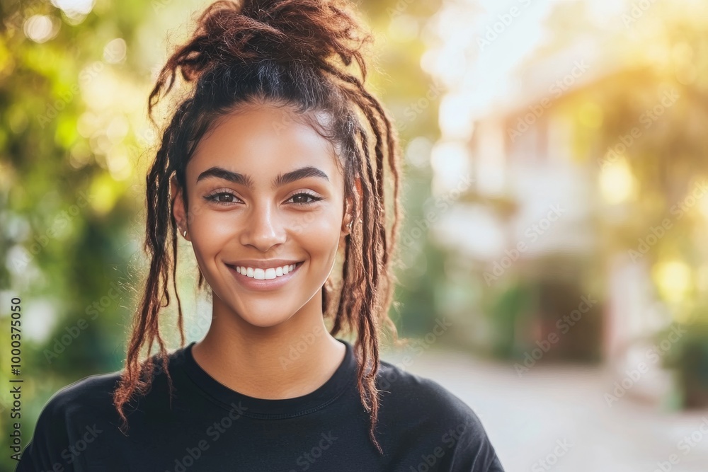 Young woman with braided hair smiling in a casual outdoor setting radiating confidence and happiness with soft natural lighting Young woman with braided hair smiling in a casual outdoor setting radiating confidence and happiness with soft natural lighting