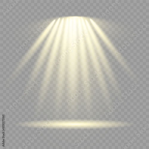 Collection of stage lighting spotlight, scene, stage lighting large collection, projector light effects, bright yellow lighting with spotlights, spot light isolated on transparent background, vector.