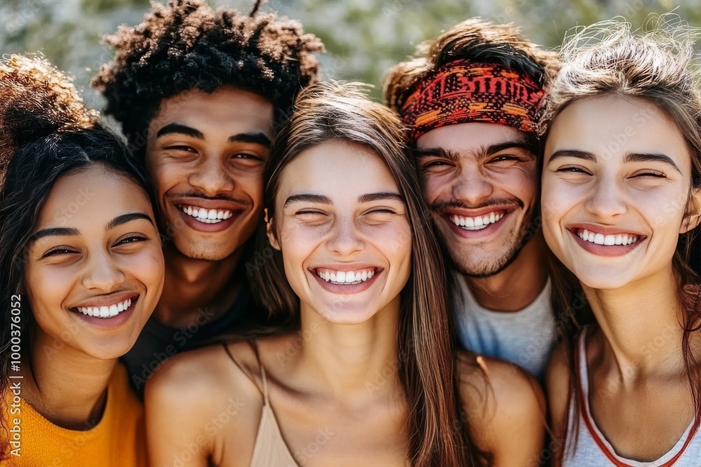 Fototapeta premium Group of friends smiling and embracing in an outdoor setting symbolizing friendship diversity and joy with warm sunlight illuminating their happy faces