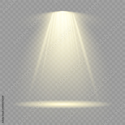 Collection of stage lighting spotlight, scene, stage lighting large collection, projector light effects, bright yellow lighting with spotlights, spot light isolated on transparent background, vector.