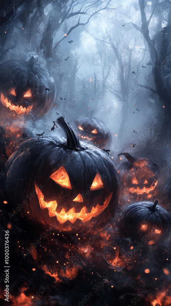 Jack-o'-lanterns glow ominously in a dark forest. Jack-o'-lanterns glow ominously in a dark forest.