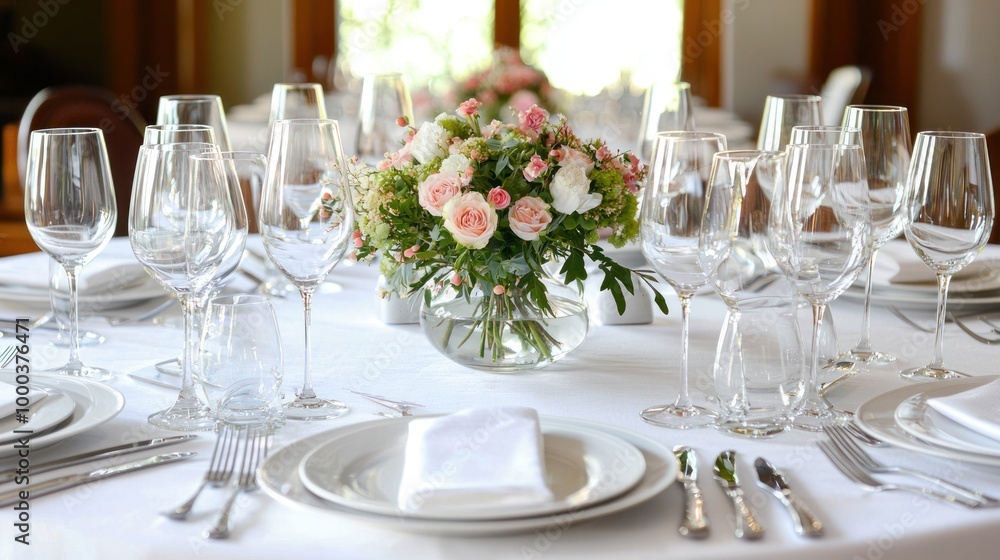 A dinner table set for a meal, with plates, silverware, wine glasses, and a centerpiece of flowers in the middle A dinner table set for a meal, with plates, silverware, wine glasses, and a centerpiece of flowers in the middle
