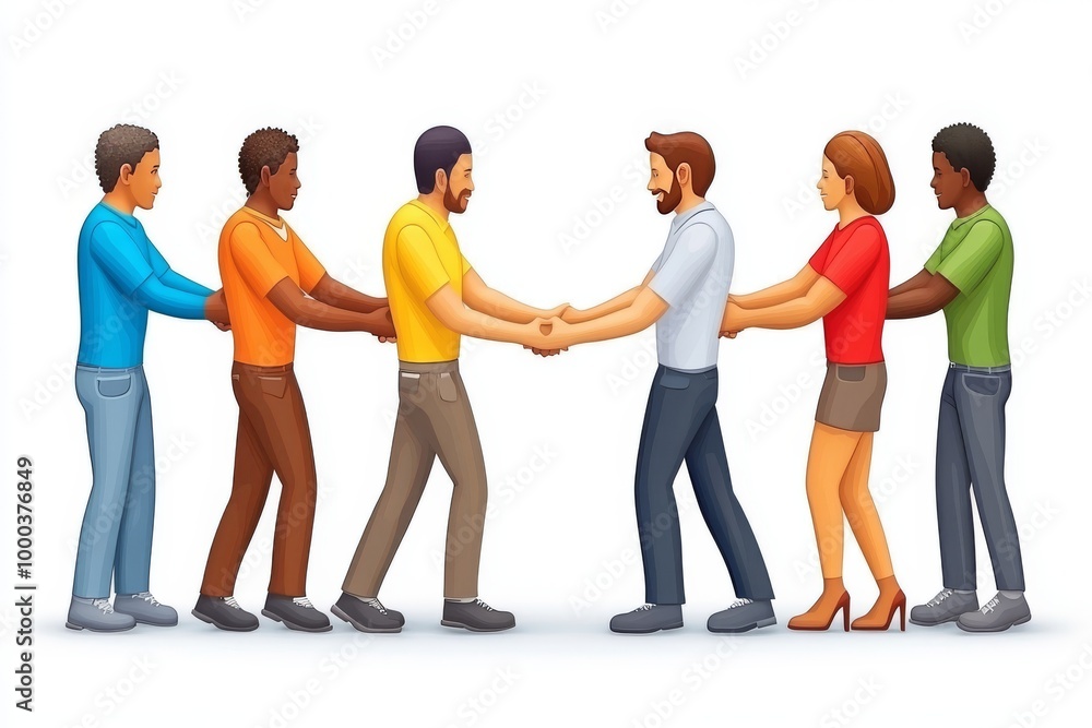 Fototapeta premium 3D illustration of a group of diverse figures shaking hands symbolizing agreement partnership and collaboration in a professional and vibrant design