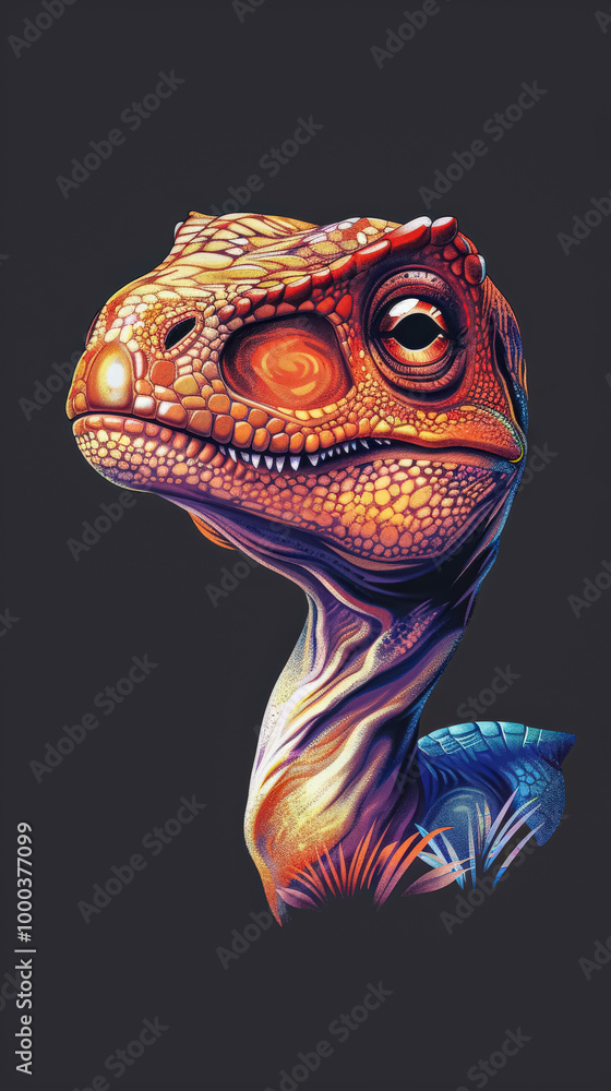 Dinosaur with a big head and a mouth. The dinosaur is orange and has a yellow eye Dinosaur with a big head and a mouth. The dinosaur is orange and has a yellow eye
