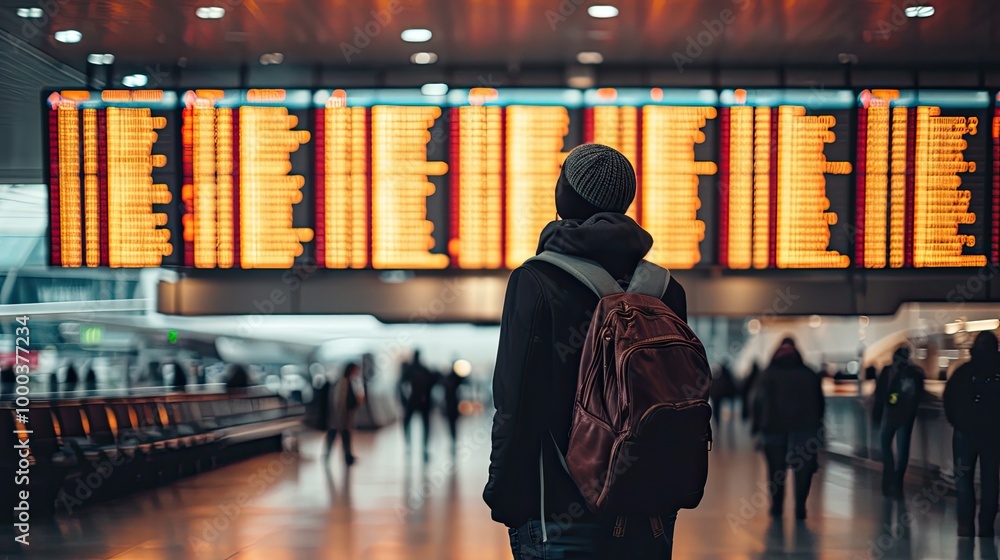 Man in an airport terminal checking the flight schedule Man in an airport terminal checking the flight schedule