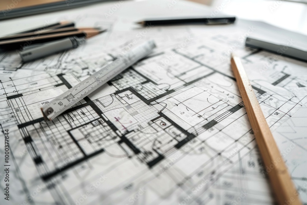 Architectural blueprints are spread out on a desk with a ruler, pencils, and markers Architectural blueprints are spread out on a desk with a ruler, pencils, and markers