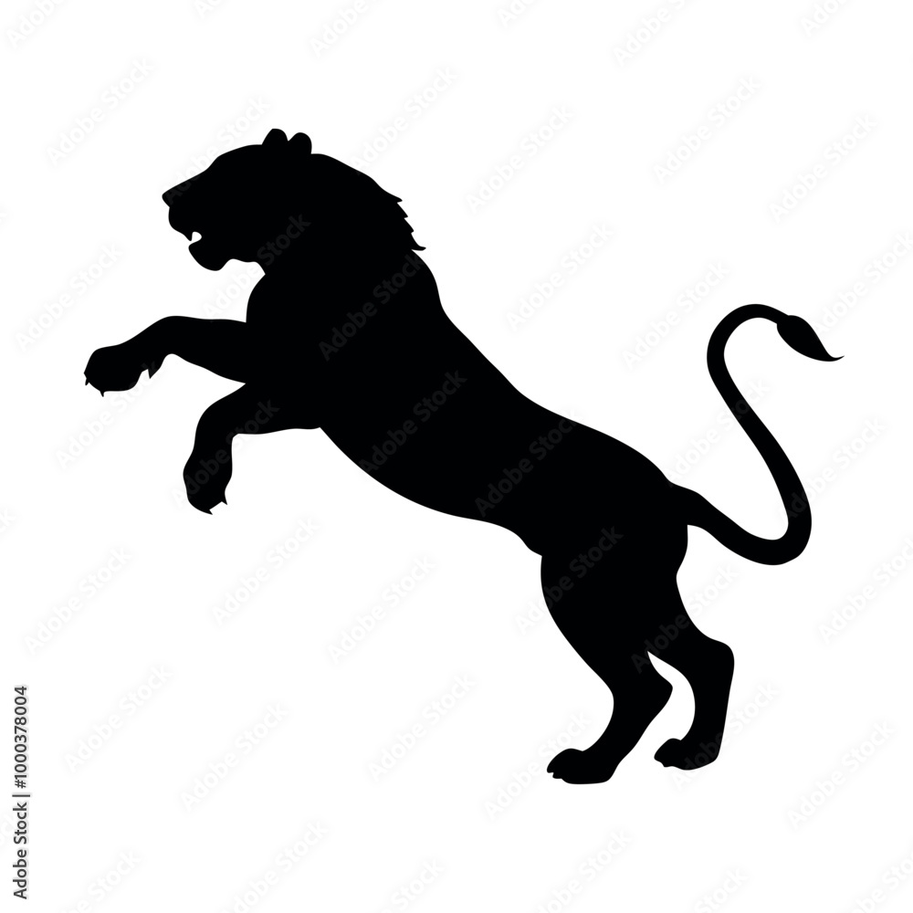 a black silhouette of a lion. The lion is standing on all fours and is facing towards a black silhouette of a lion. The lion is standing on all fours and is facing towards
