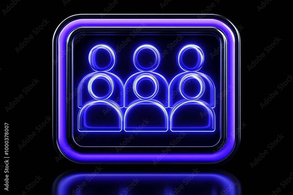 Neon blue glowing 3D illustration of a group of people symbolizing community digital interaction and social connection in a modern tech design