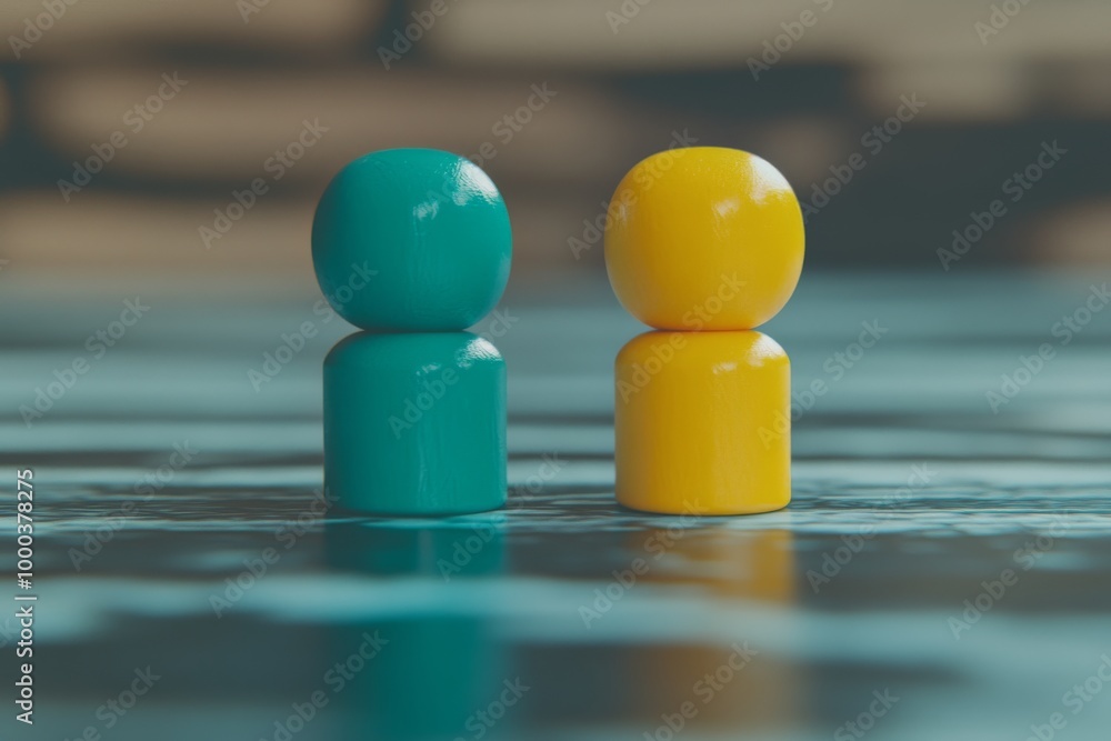 Two colorful figures standing in water symbolizing connection reflection and peaceful interaction through a minimalist and serene design Two colorful figures standing in water symbolizing connection reflection and peaceful interaction through a minimalist and serene design