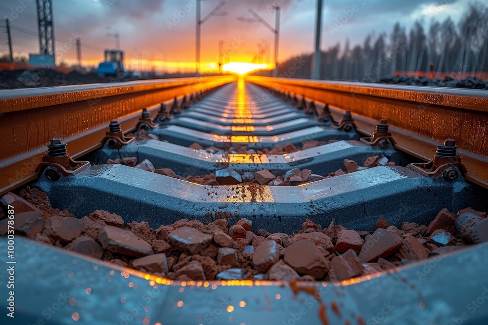 Fototapeta premium Railway track installation and infrastructure development using specialized rail laying equipment