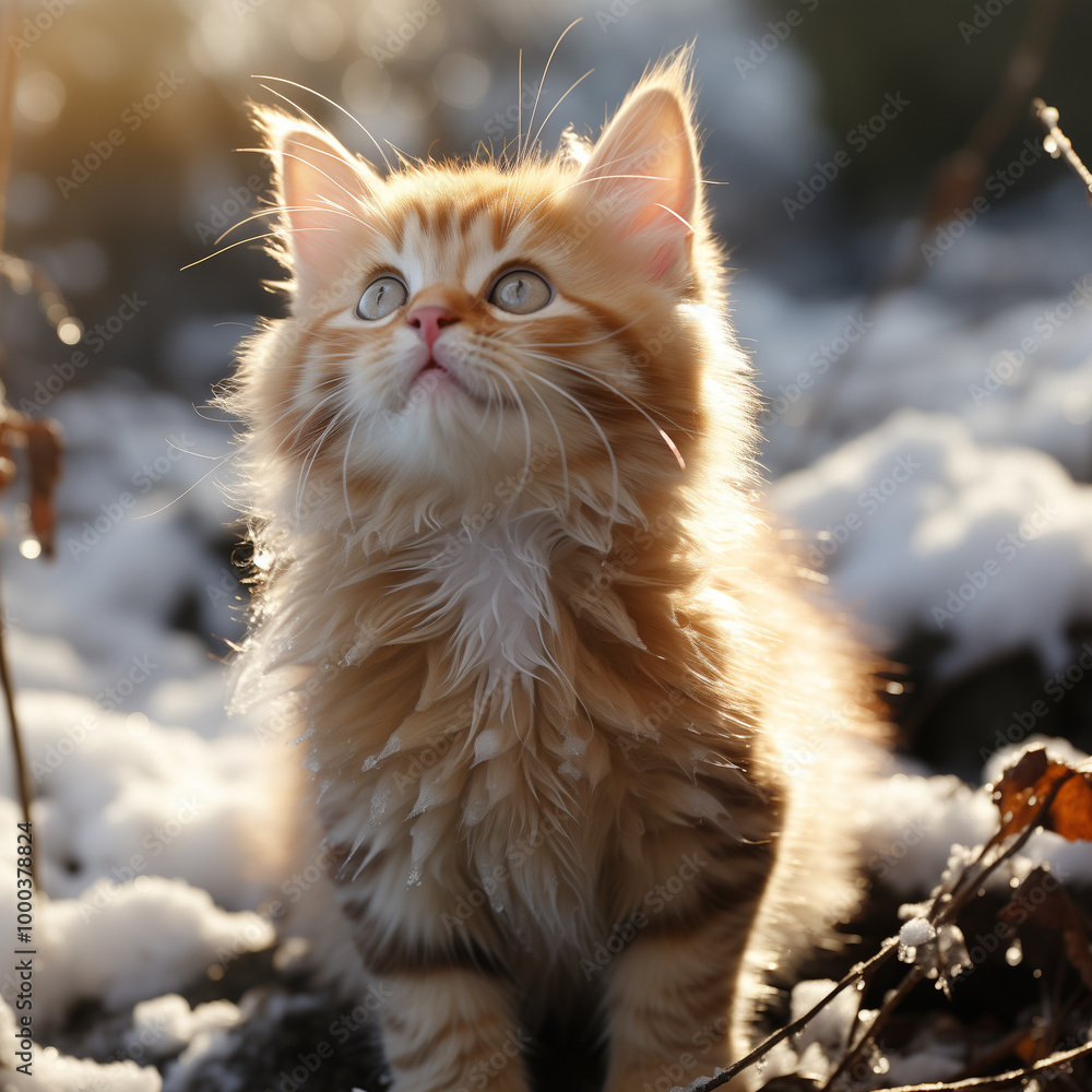 Adorable Ginger Kitten Curiously Exploring Snowy Landscape Adorable Ginger Kitten Curiously Exploring Snowy Landscape