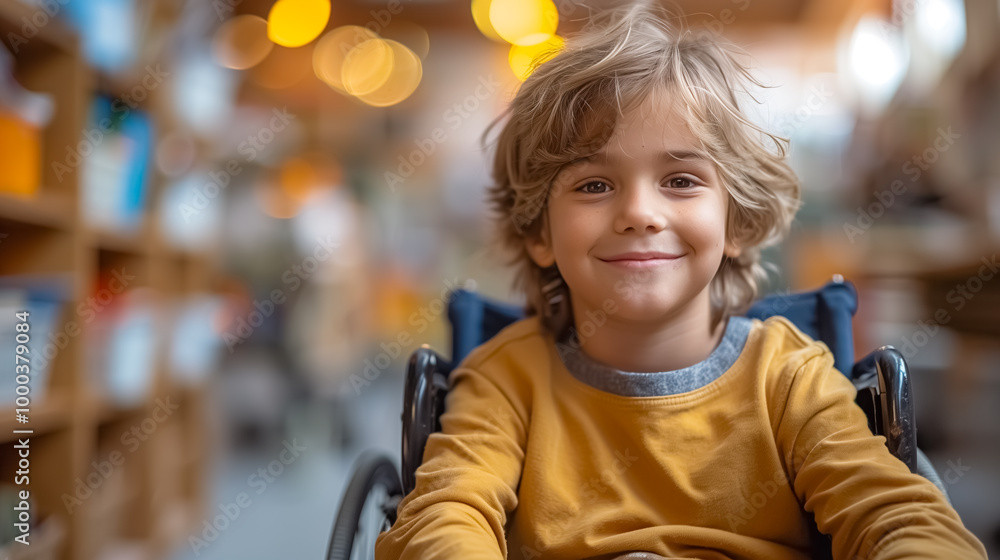 Disabled schoolboy in wheelchair looking and smiling. Young boy with disability in inclusive school. Disabled schoolboy in wheelchair looking and smiling. Young boy with disability in inclusive school.