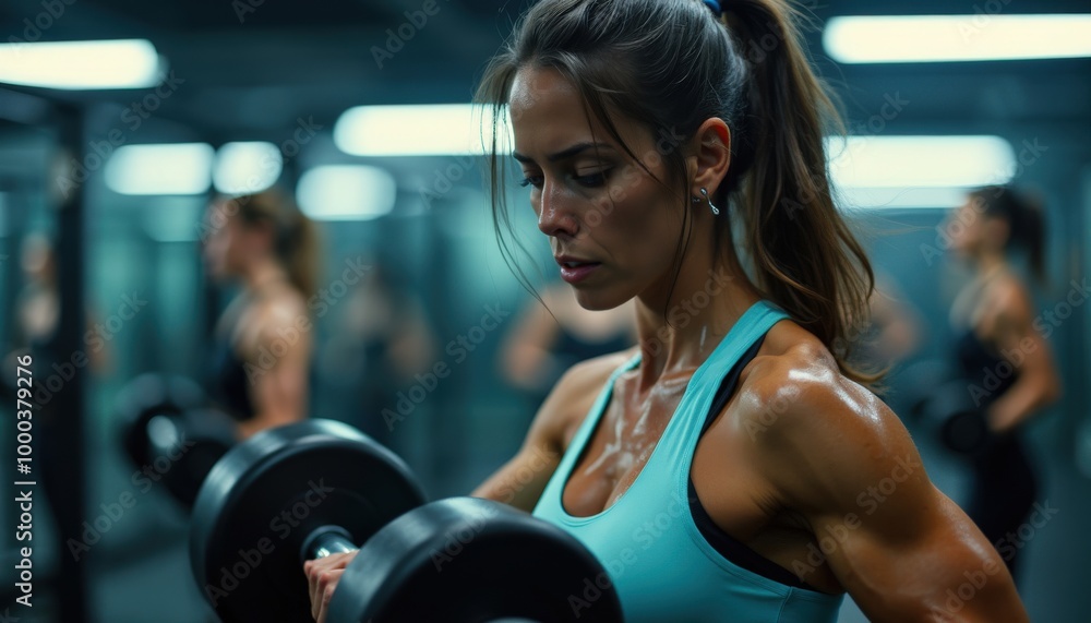 Fototapeta premium Une belle femme, concentrée et déterminée, soulève des poids avec précision dans une salle de sport moderne, ses muscles se contractant sous l'effort.