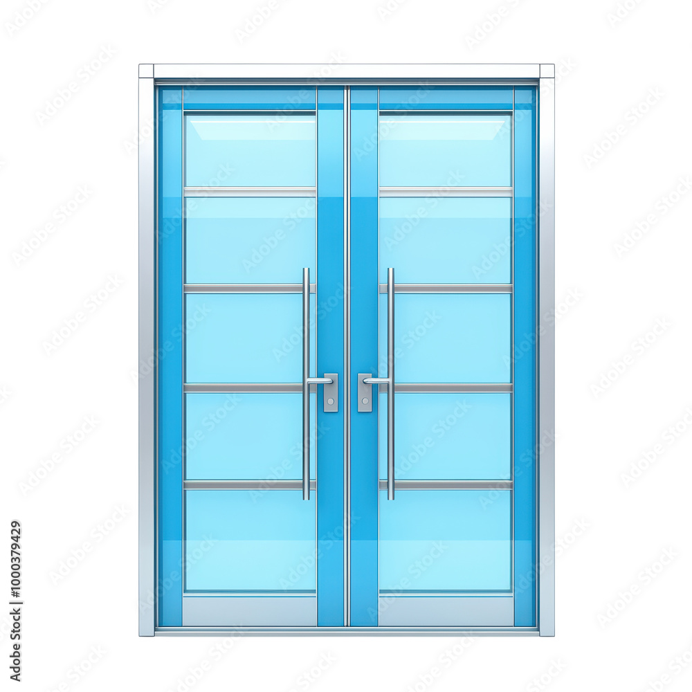 Obraz premium Modern blue glass double doors isolated on transparent background.