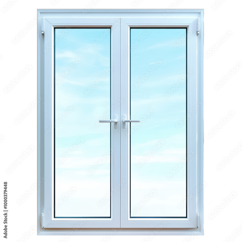 Modern double window with clear glass and white frame, bright sky visible through the panes isolated on transparent background. Modern double window with clear glass and white frame, bright sky visible through the panes isolated on transparent background.