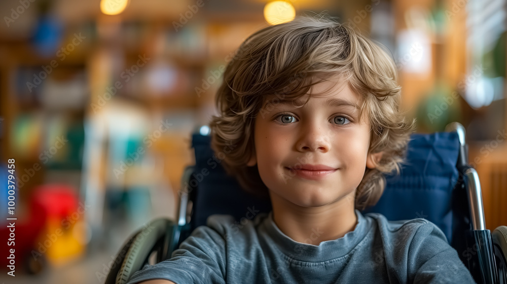 Disabled schoolboy in wheelchair looking and smiling. Young boy with disability in inclusive school. Disabled schoolboy in wheelchair looking and smiling. Young boy with disability in inclusive school.