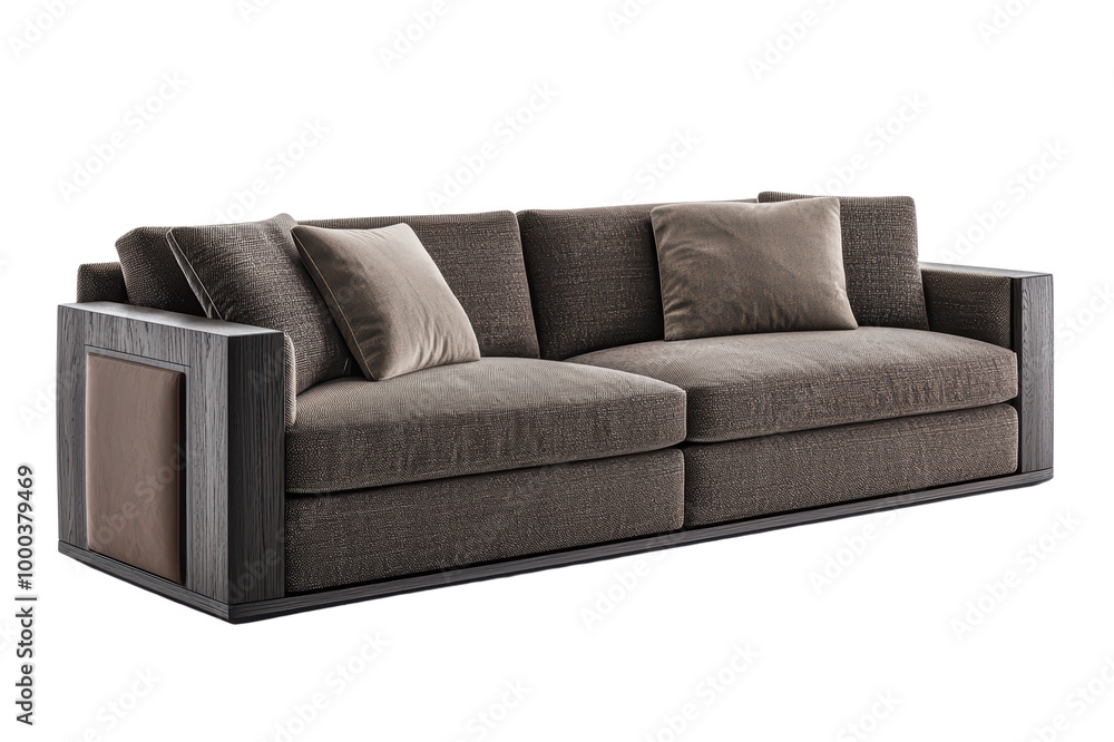 Fototapeta premium Modern grey sofa with plush cushions isolated on transparent background.