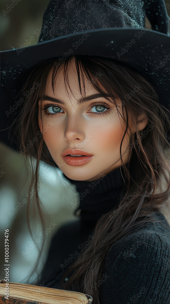 A young woman with long dark hair looks intensely at the camera, wearing a black witch's hat. A young woman with long dark hair looks intensely at the camera, wearing a black witch's hat.