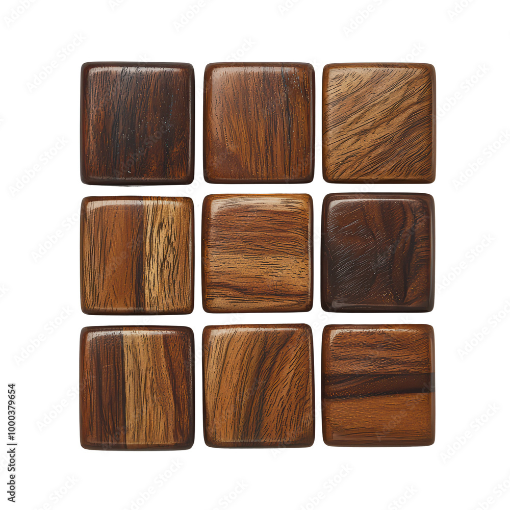Nine wooden squares arranged in a grid, showcasing rich textures and colors isolated on transparent background. Nine wooden squares arranged in a grid, showcasing rich textures and colors isolated on transparent background.