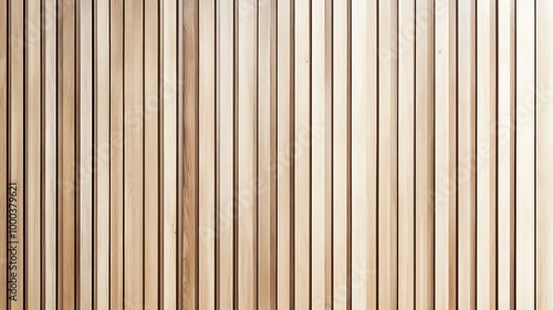  Wall made of wooden panels. Vertical wooden slats for facade cladding. Timber stripes made of beige pine. A modern plank surface for interior and exterior design. 