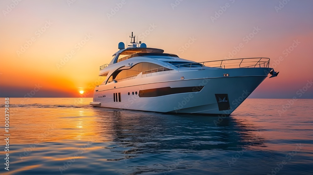 Luxurious white yacht sailing on the ocean at sunset, symbolizing summer cruises for the wealthy and elite. Luxurious white yacht sailing on the ocean at sunset, symbolizing summer cruises for the wealthy and elite.