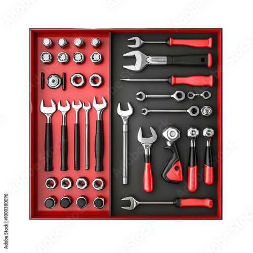 Set of red and black mechanic tools isolated on transparent background. photo