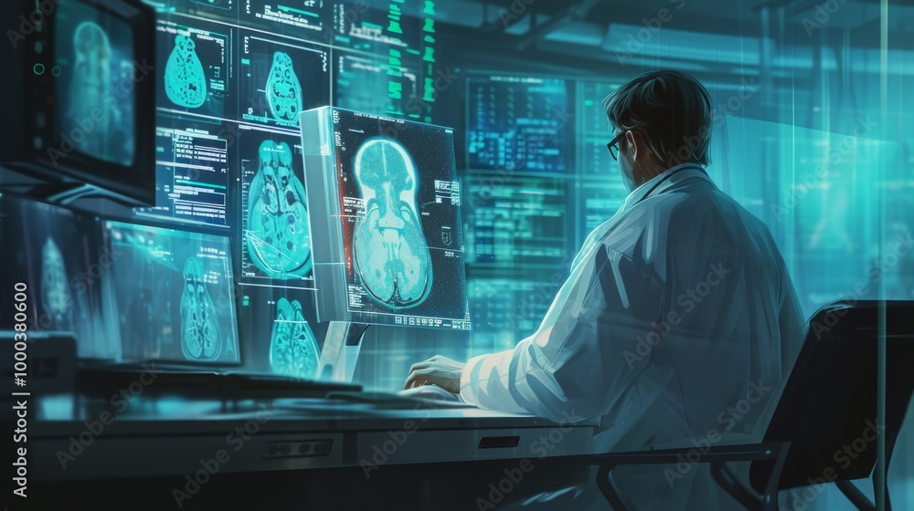A doctor seated in a dark room, analyzing brain scans displayed on multiple monitors. The glowing blue light emphasizes the advanced technology and critical nature of the work, portraying a cutting A doctor seated in a dark room, analyzing brain scans displayed on multiple monitors. The glowing blue light emphasizes the advanced technology and critical nature of the work, portraying a cutting
